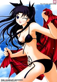 ribbon hentai hentai bikini blue eyes cover page deredere fatestay night highres long hair ribbon ribbons side tie swimsuit tohsaka rin wink akimoto dai ass doujinshi author admin