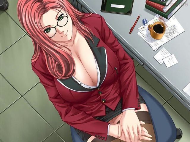cleavage hentai hentai teacher game hair breasts skirt cleavage mature office hcg desk glasses red sensei thighhighs hinders teens fetishized