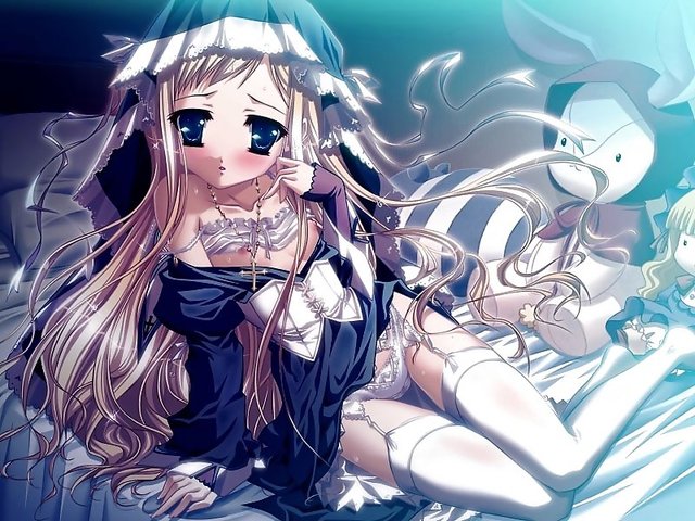 harukoi otome hentai category page blonde game girls hair breasts blush lift doll blue eyes horizontal bunny dress dblog katagiri otome bra garter belt hinata harukoi bed lingerie cross necklace habit kiryuu sonya