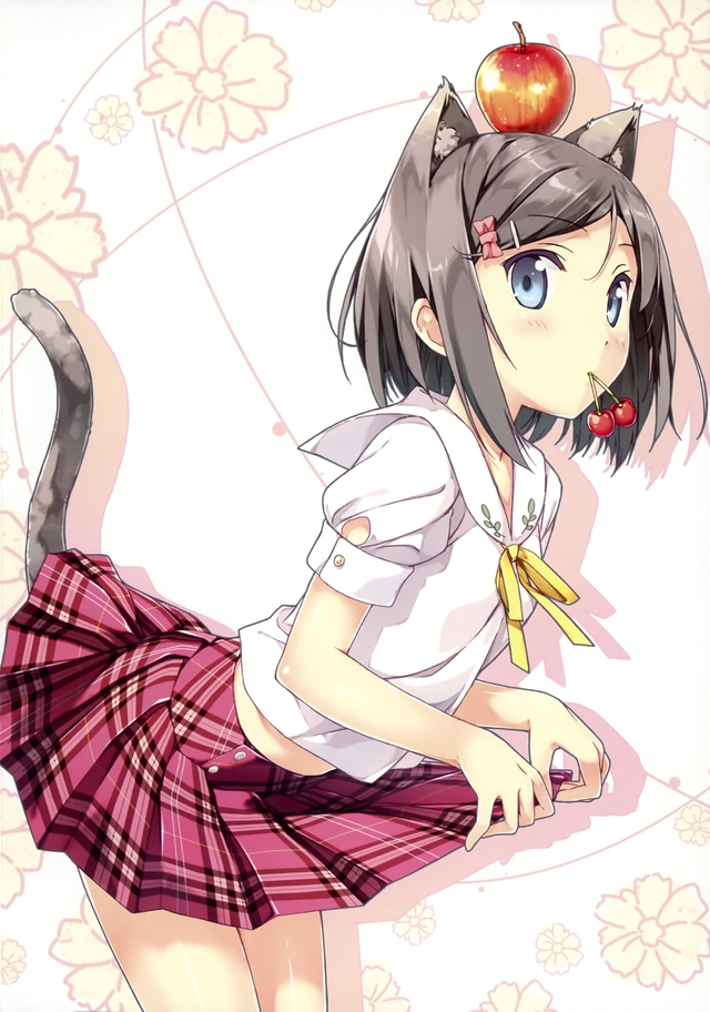 black hair hentai hentai tail black hair blush ouji warawanai neko blue eyes kantoku cat tsutsukakushi tsukiko cherry animal ears fruit back absurdres food apple arched delish