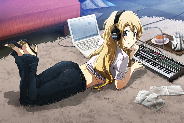 blue eyes hentai hentai blonde hair ass musume blue eyes long acb computer back kotobuki jeans looking casual tsumugi keyboard headphones korg microkorg synthesizer headphone