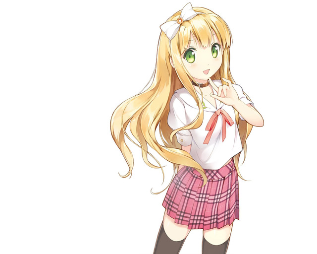 long hair hentai hentai blonde seifuku hair ouji warawanai neko eyes long collar azuki azusa thighhighs konachan green white dce bow headband