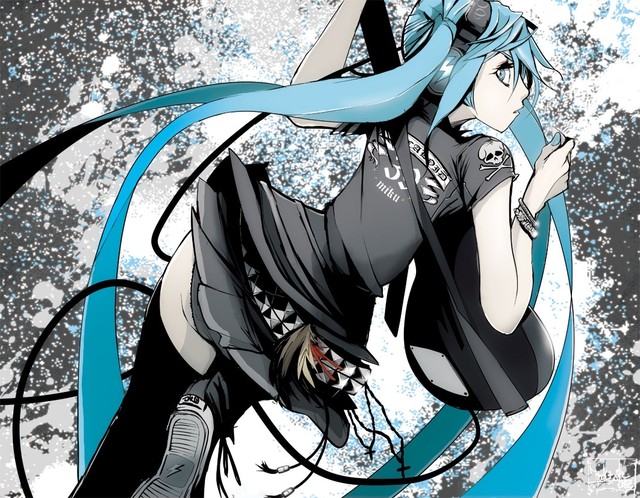 twintails hentai anime hentai manga hair eyes long underwear miku konachan panties twintails aqua hatsune vocaloid headphones guitar instrument jinbei