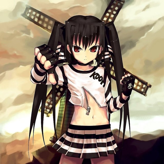 twintails hentai black quality hair skirt down vip eyes gloves red loli twintails highres flat choker chest midriff fingerless pangya skull zipper kooh midiman unzipped windmill