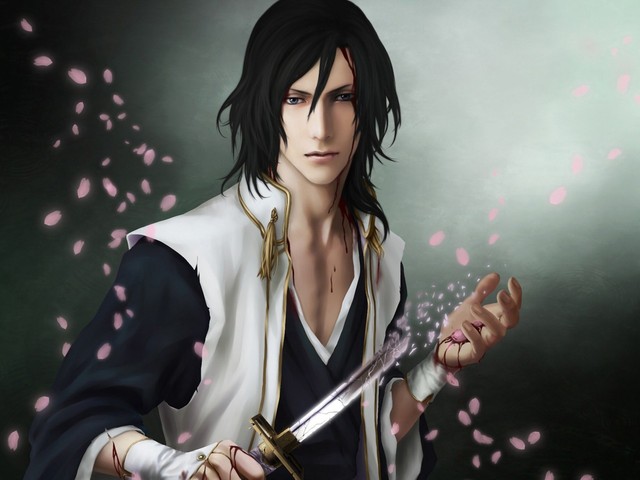 byakuya hentai art wallpaper blood bleach boy knife broken petals byakuya kuchiki zetsuai