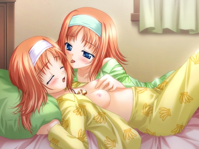 da capo hentai yuri incest game girls hair breast grab open blue eyes licking aff red shirt bed hairband prev pajamas sleeping pillow miharu capo amakase