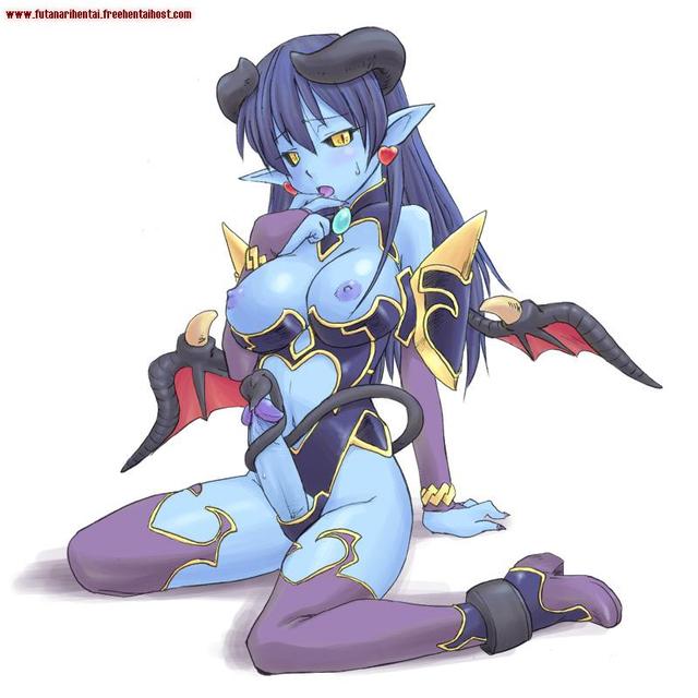 futa on female hentai hentai tail girl futanari hair breasts skin blue eyes elbow gloves long futa thighhighs wings yellow demon succubus purple girlfriend earrings horns astaroth shinrabansho