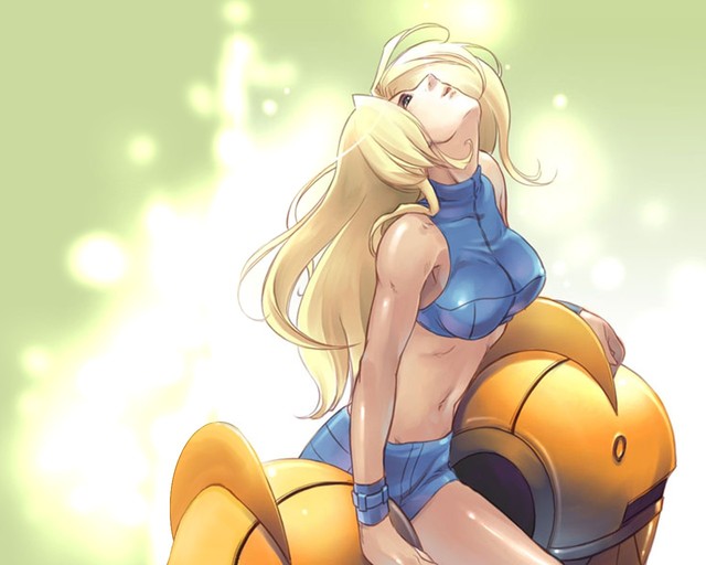 samus metroid hentai blonde hair artist blue armor request card blunt bangs