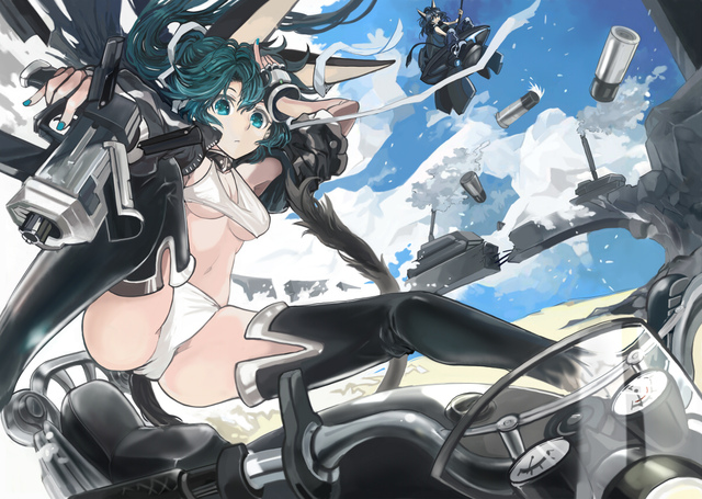 sky girls hentai anime tail black sky original girls hair breasts wallpaper eyes long weapon boots thighhighs shirt konachan green gun mecha underboob clouds motorcycle