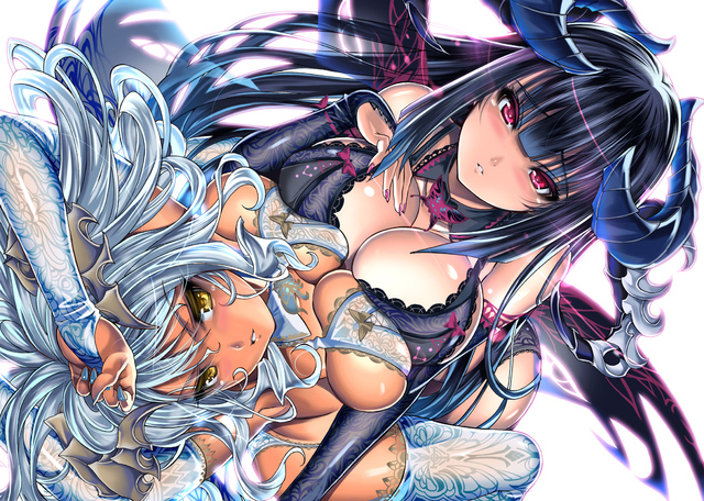 hentai girls yuri yuri breast nipples cleavage thighhighs symmetrical docking konachan horns saburou hgmg