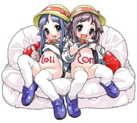 multiple girls hentai girls backpack bag bottomless fang hair bobbles ornament hat loli marker multiple school uniform shoes skirt lift thighhighs toddlercon white thigh