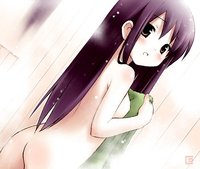 sakura hentai girl eretto loli nude sakura musubi sera karen solo ass blush brown eyes flat chest long hair looking back purple towel watermark wet